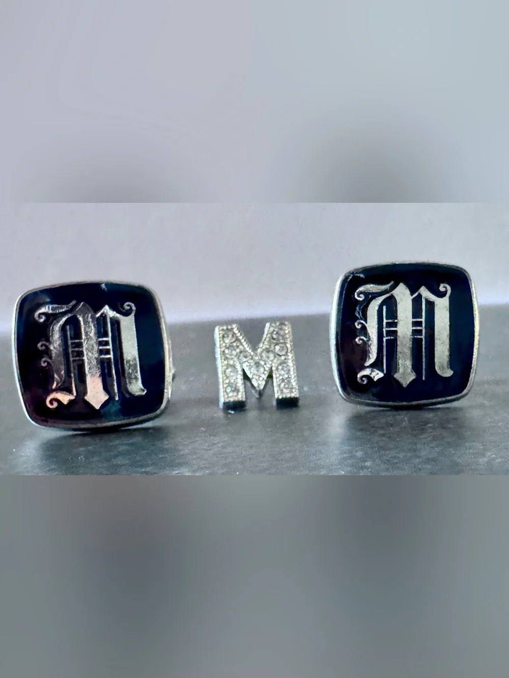 Vtg Monogram M Cufflinks & Tie Tack Set Black Enamel Silver Tone Gothic Inital